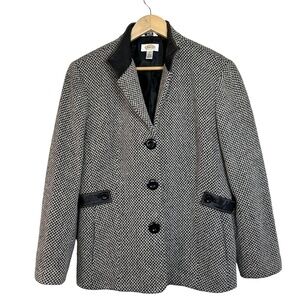 Talbots Coat/Blazer Wool Herringbone Womens 12 Pockets Leather Collar Academia